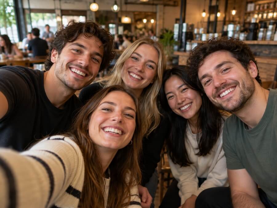 Friends sharing the communal table