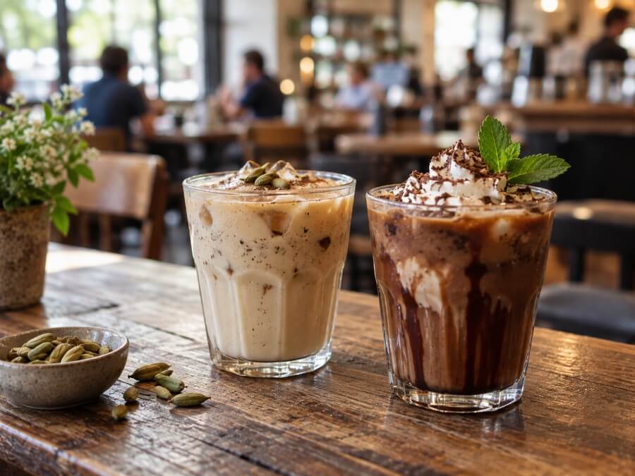 Iced filter coffee on a wooden counter